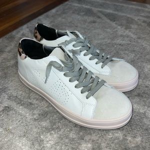 P448 John sneakers w/ leopard heel, beige/light pink sole, and grey suede toe